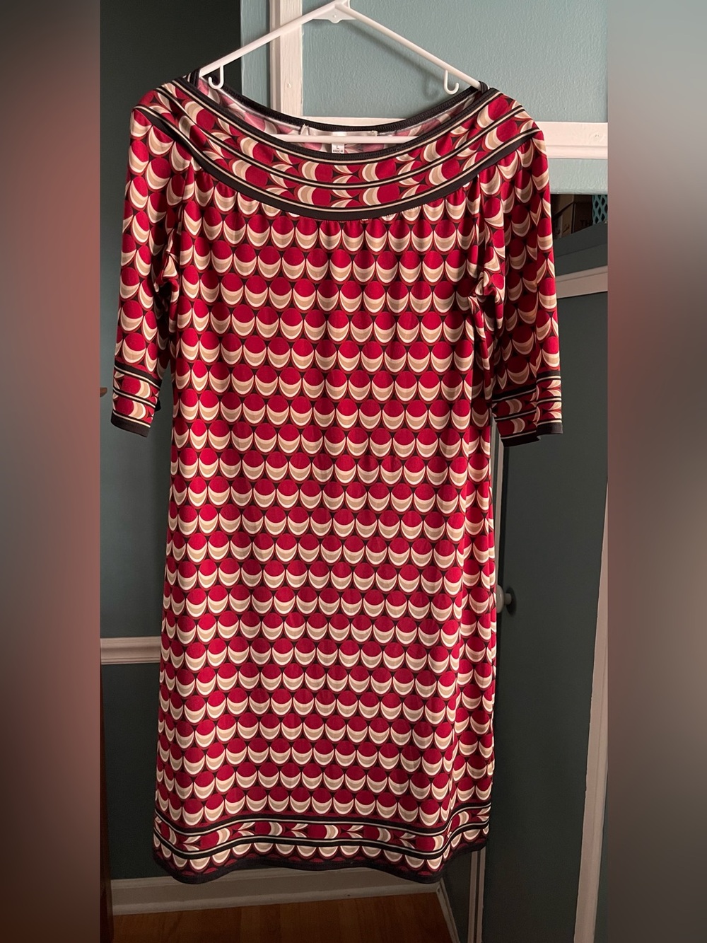 Max Studio Red and Cream Geometric Scallop Midi Dress